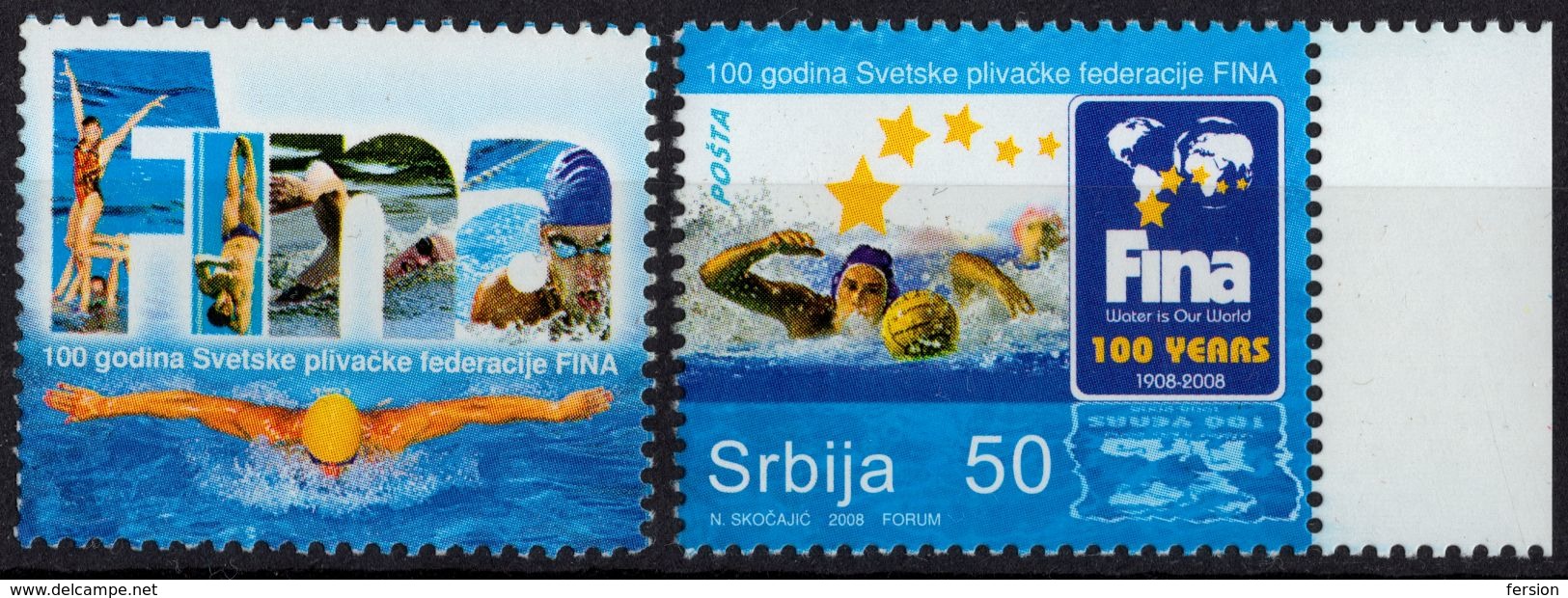 2008 - SERBIA - WATER POLO Ball Swimming - 100th Anniv. Of FINA - MNH  / With LABEL CINDERELLA VIGNETTE - Water-Polo