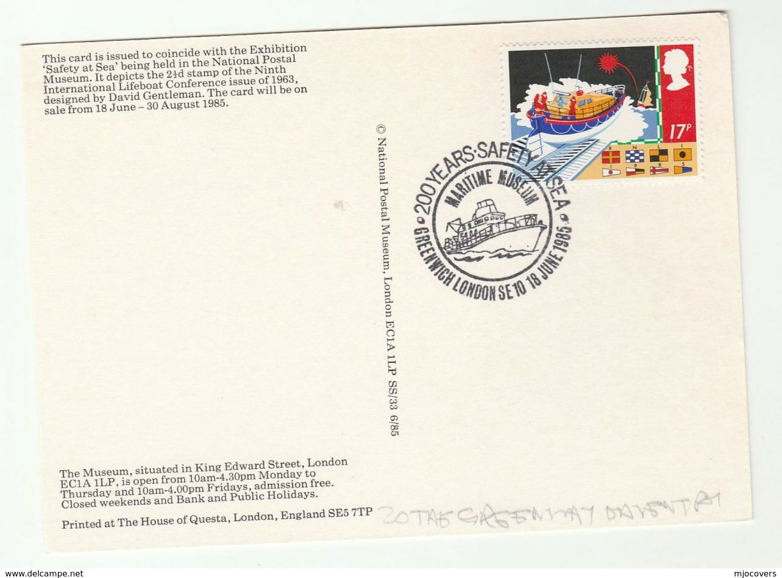 1985 GB FDC  LIFEBOAT Stamps SPECIAL Pmk  GREENWICH MARITIME EXHIBITION (postcard Lifeboat Helicopter)  Cover - 1981-1990 Decimal Issues