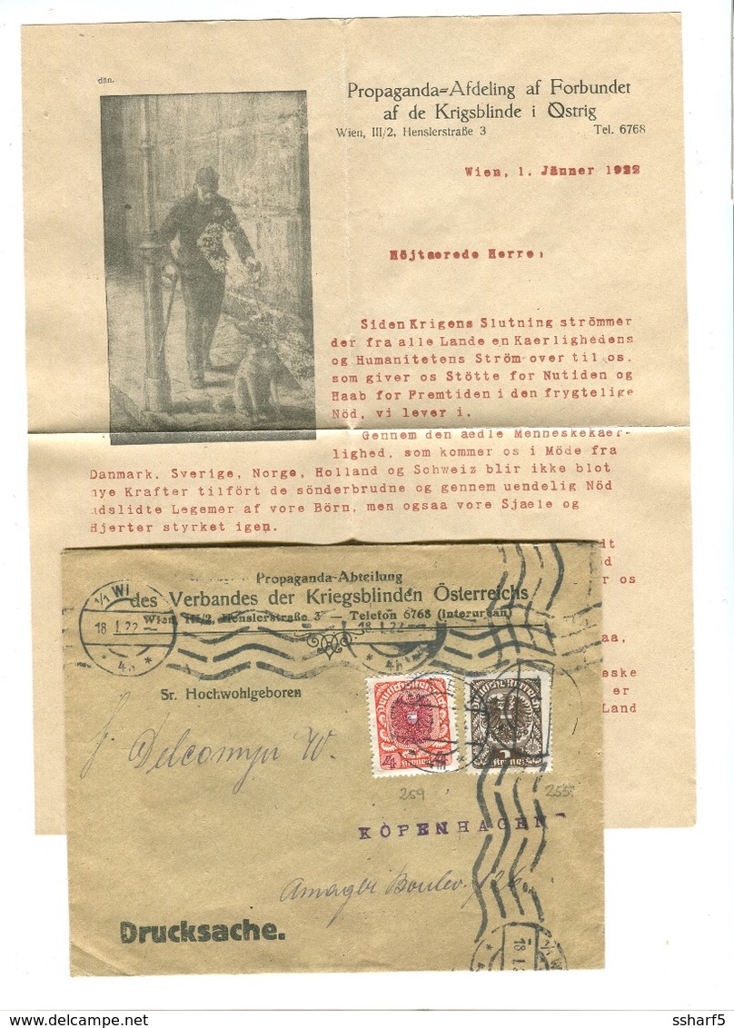 AVEUGLES BLIND Propaganda VERBANDES Der KRIEGSBLINDEN ÖSTERREICHS Brief Nach Denmark 1922 Mit BILD Und Inhalt - Briefe U. Dokumente