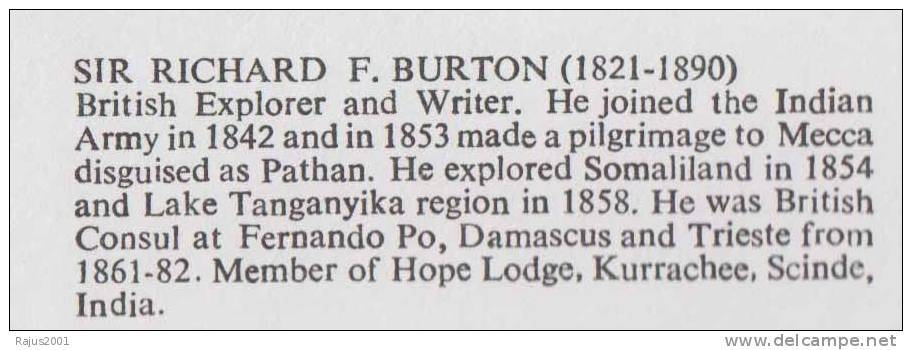 Richard F Burton, Explorer Made Pilgrimage To Mecca Disguise As Pathan, Member Of Hope Lodge Kurrachee / Karachi, Uganda - Franc-Maçonnerie