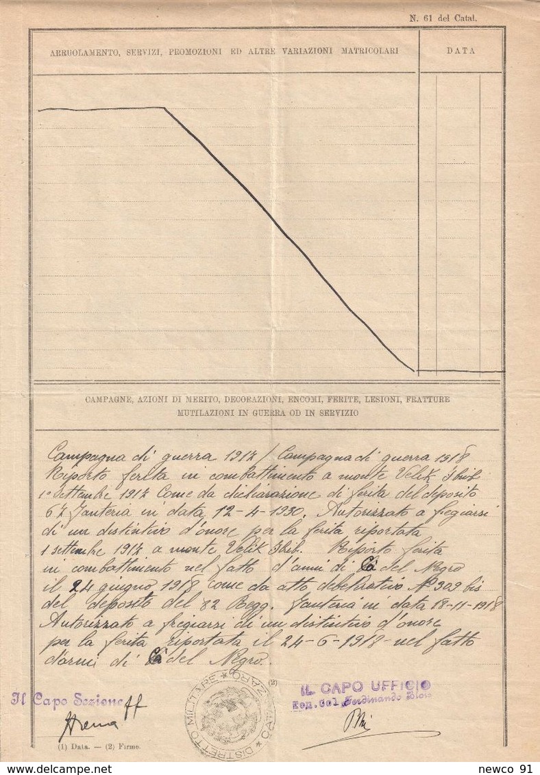 FOGLIO MATRICOLARE 67 E 82° REGGIMENTO FANTERIA - PERIODO 1917/1921 - DISTRETTO DI CATANZARO - 9/12/1923 - Documenti