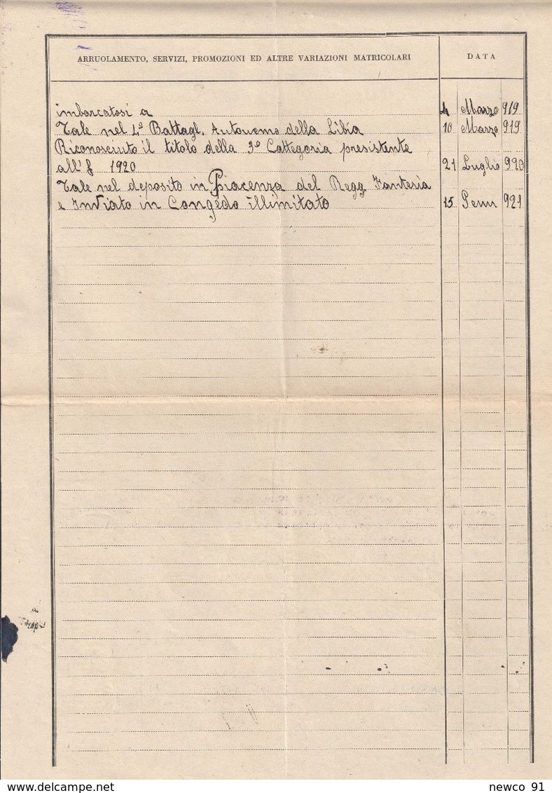 FOGLIO MATRICOLARE 82 E 91° REGGIMENTO FANTERIA + LIBIA - PERIODO 1917/1921 - DISTRETTO DI PIACENZA - 25/9/1936 - Dokumente