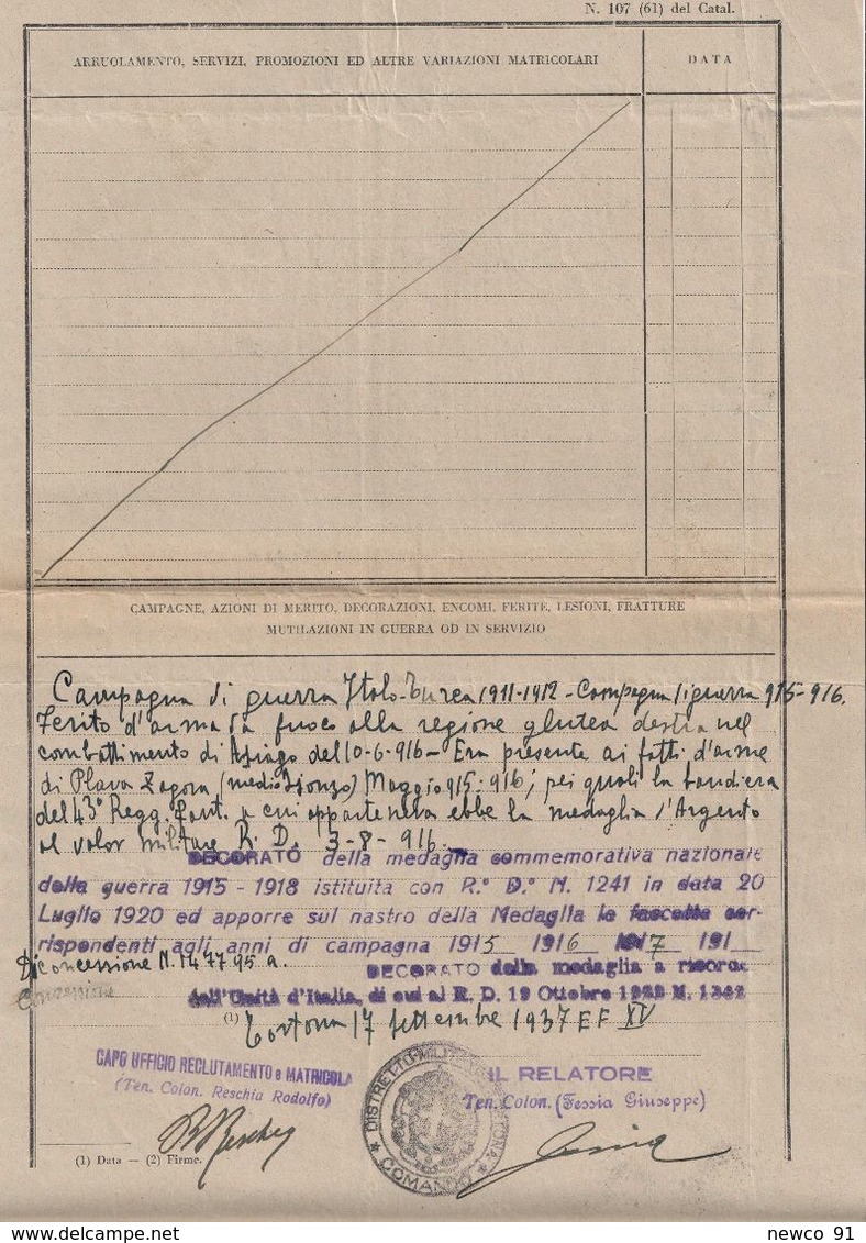 FOGLIO MATRICOLARE 6, 61 E 46° REGGIMENTO FANTERIA + TRIPOLITANIA - MORTO 20/8/1917 - DISTRETTO DI TORTONA - 17/9/1937 - Documenti