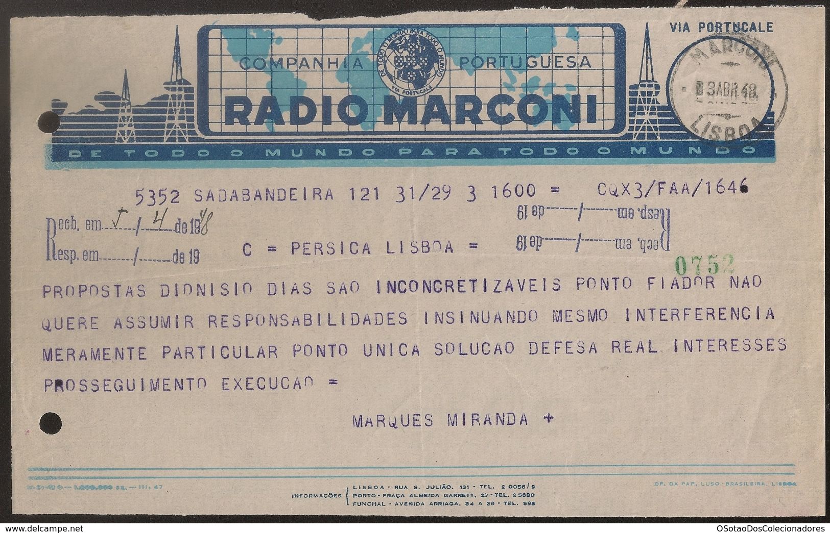 Telegrama - Telegram Portugal - Angola, Sa Da Bandeira To Lisbon 1948 - Companhia Portuguesa Radio Marconi - Advertising - Portugal