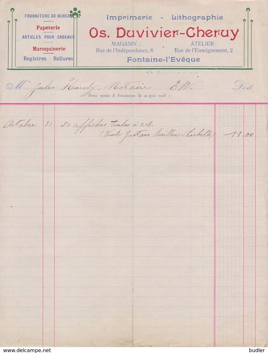 1910: Facture D' ## Imprimerie Os. DUVIVIER-CHERUY,FONTAINE-l'ÉVÊQUE ##  Au ## Notaire HARDY à FONTAINE-l'ÉVÊQUE ## - Printing & Stationeries