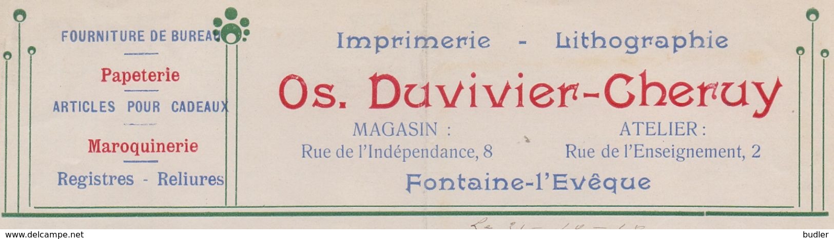 1910: Facture D' ## Imprimerie Os. DUVIVIER-CHERUY,FONTAINE-l'ÉVÊQUE ##  Au ## Notaire HARDY à FONTAINE-l'ÉVÊQUE ## - Printing & Stationeries