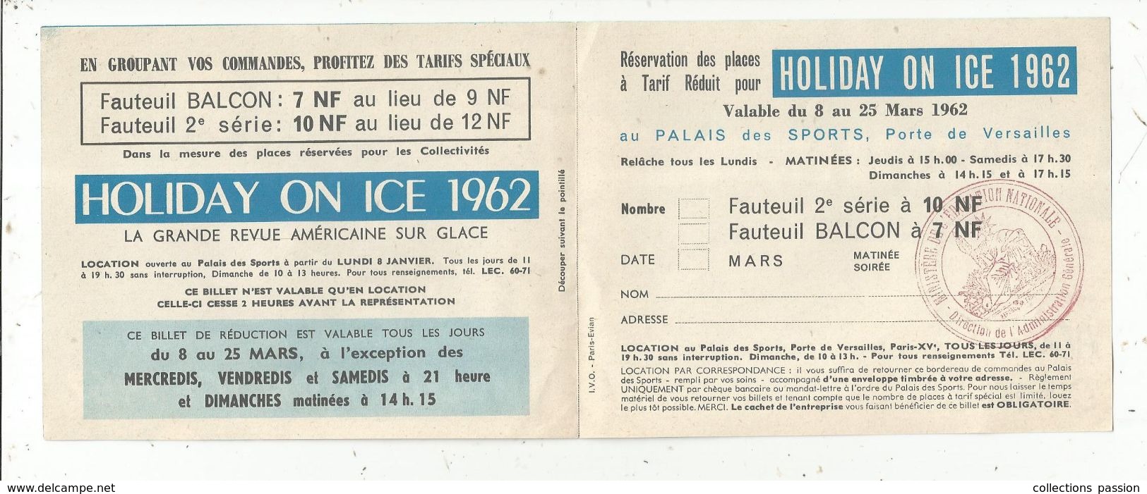 Programme Et Bon De Réservation , HOLLIDAY ON ICE 1962 , Palais Des Sports ,Paris, 3 Scans - Programmi