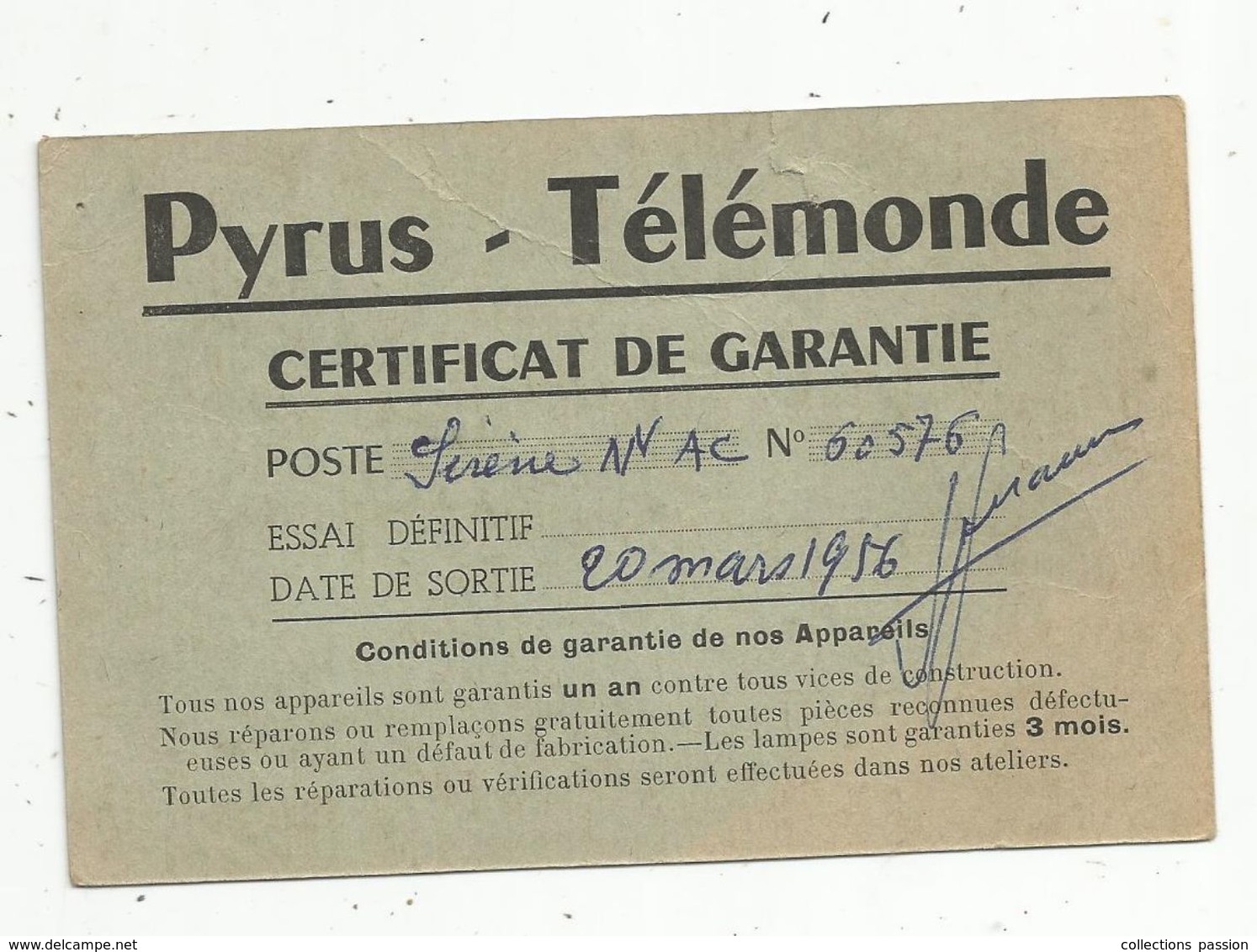 CERTIFICAT De Garantie , PYRUS - TELEMONDE ,1956 , Moment Musical , P. Jouanin , Paris , 2 Scans - Ohne Zuordnung