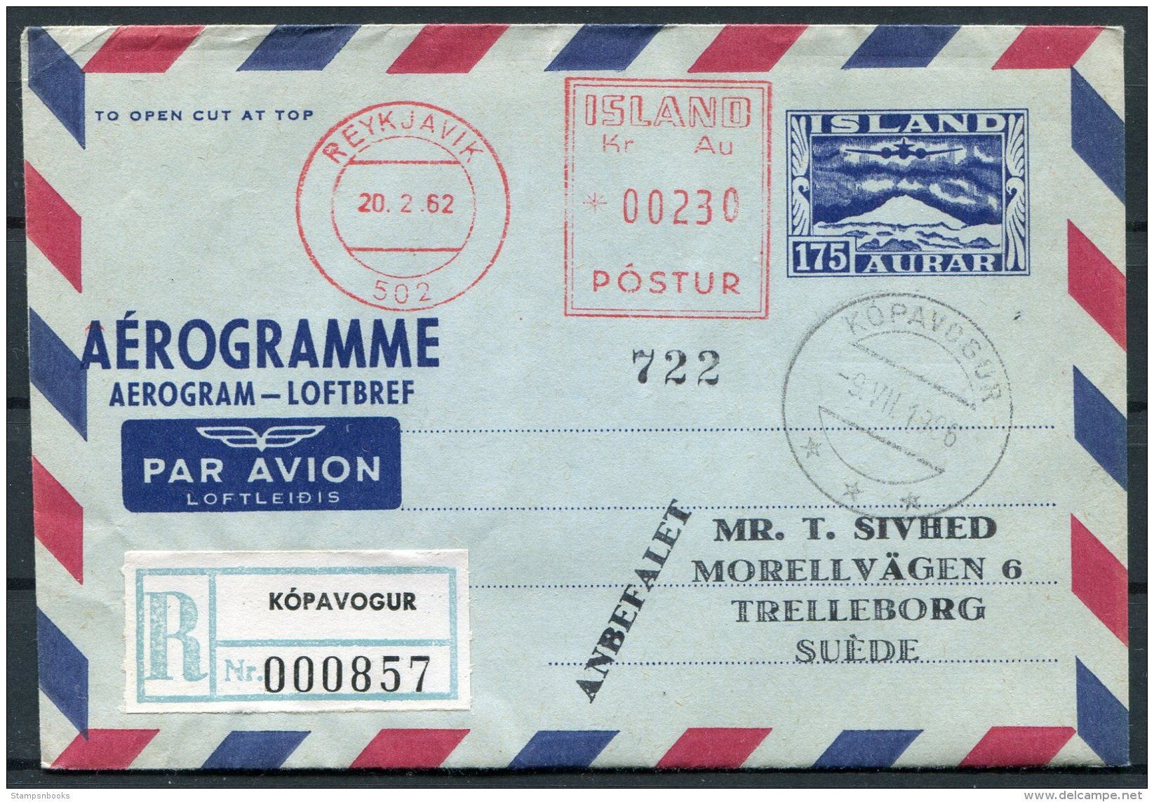 1962 Iceland Aerogramme, Aerogram, Loftbref. Reykjavik Postur. Kopavogur Registered - Lettres & Documents