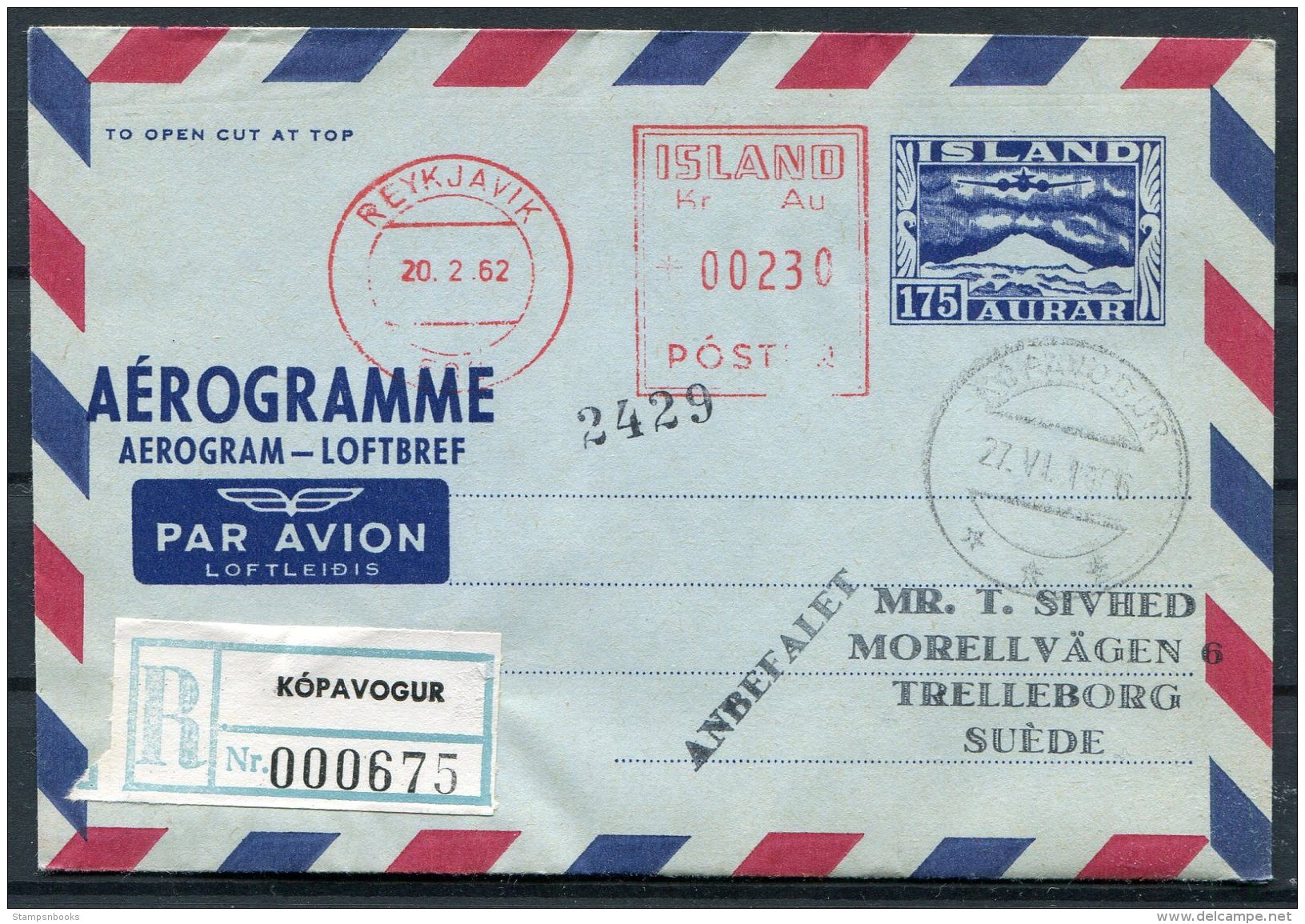 1962 Iceland Aerogramme, Aerogram, Loftbref. Reykjavik Postur. Kopavogur Registered - Covers & Documents