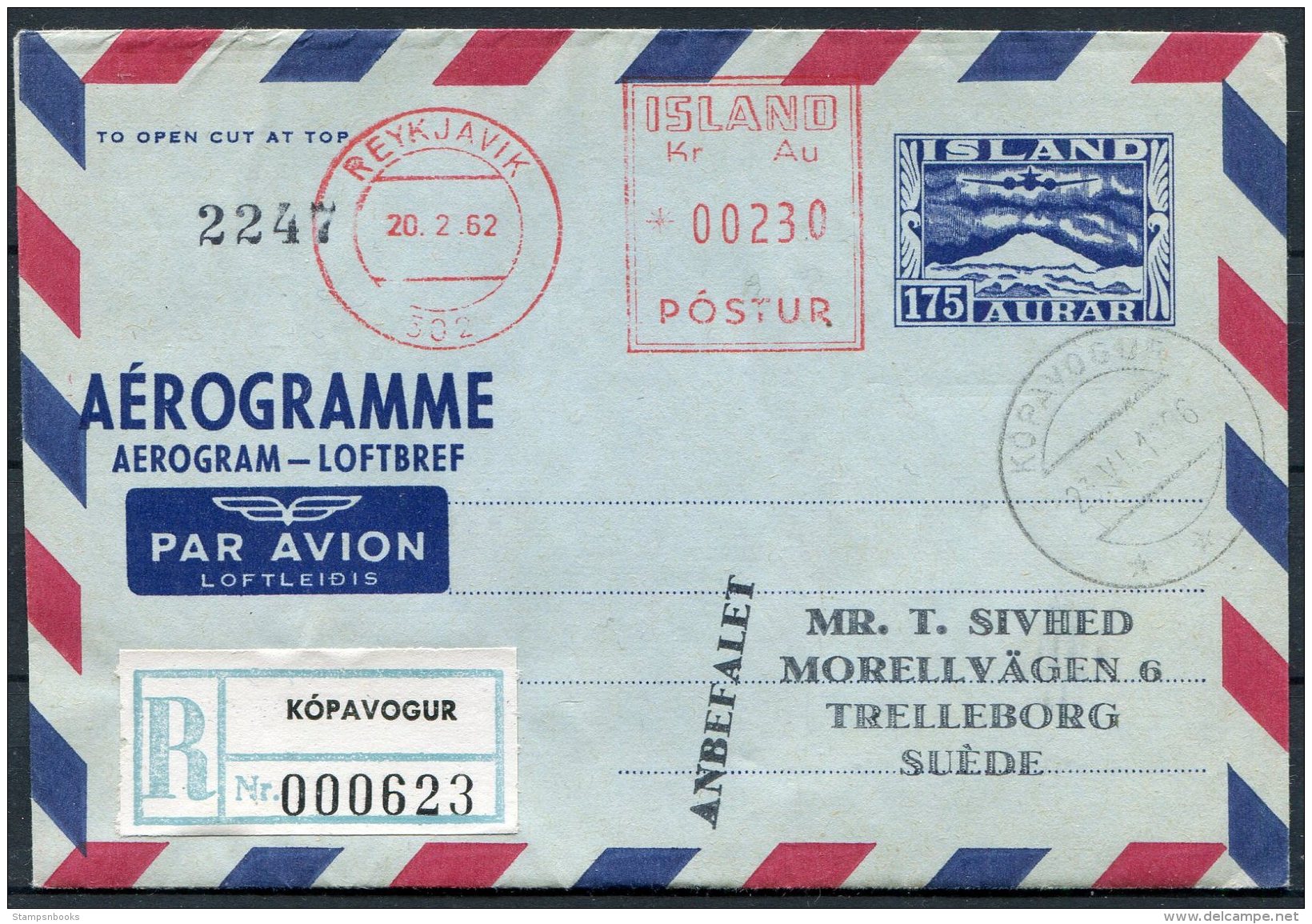 1962 Iceland Aerogramme, Aerogram, Loftbref. Reykjavik Postur. Kopavogur Registered - Briefe U. Dokumente