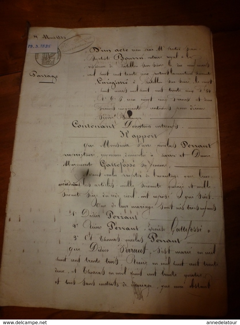 1835 Important Manuscrit Notarié Avec Cachets Concerne Donation Et Partage Entre Enfants PERRAULT - Manuscrits