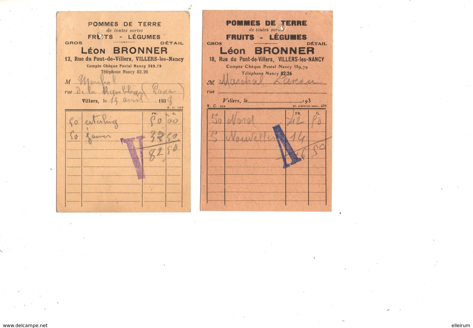 VILLERS-les-NANCY (54) FACTURE. POMMES De TERRE. FRUITS. LEGUMES. LEON BRONNER.1938 - Alimentaire