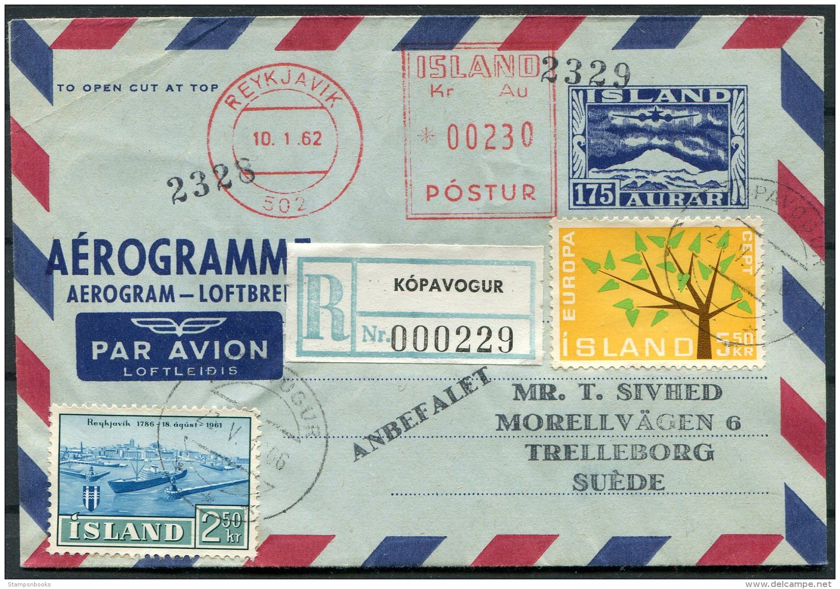 1966 Iceland Aerogramme, Franking Machine Reykjavik, Registered Kopavogur Europa - Postal Stationery