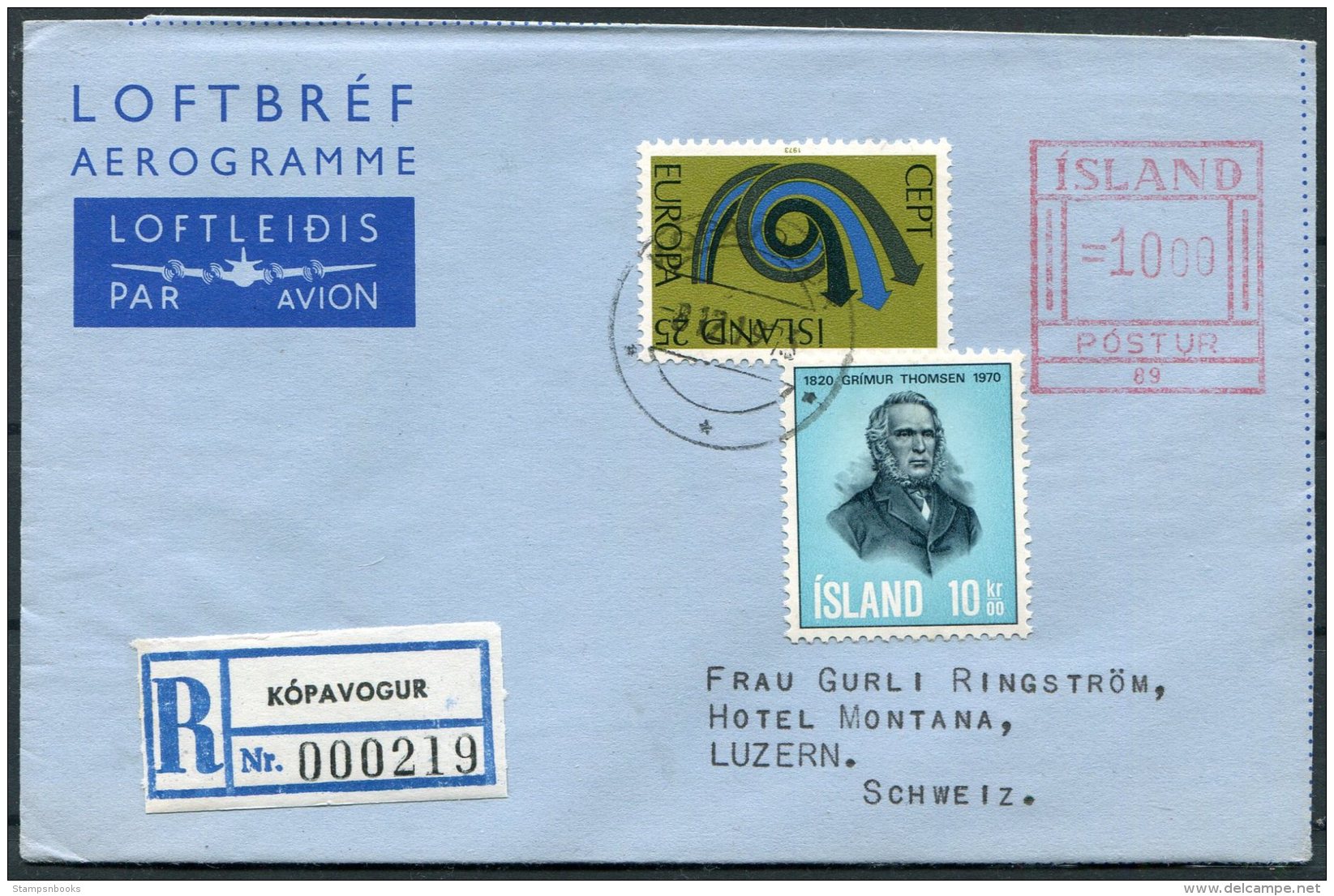 1973 Iceland Aerogramme Postur Registered Kopavogur - Hotel Montana, Luzern, Switzerland Europa - Covers & Documents