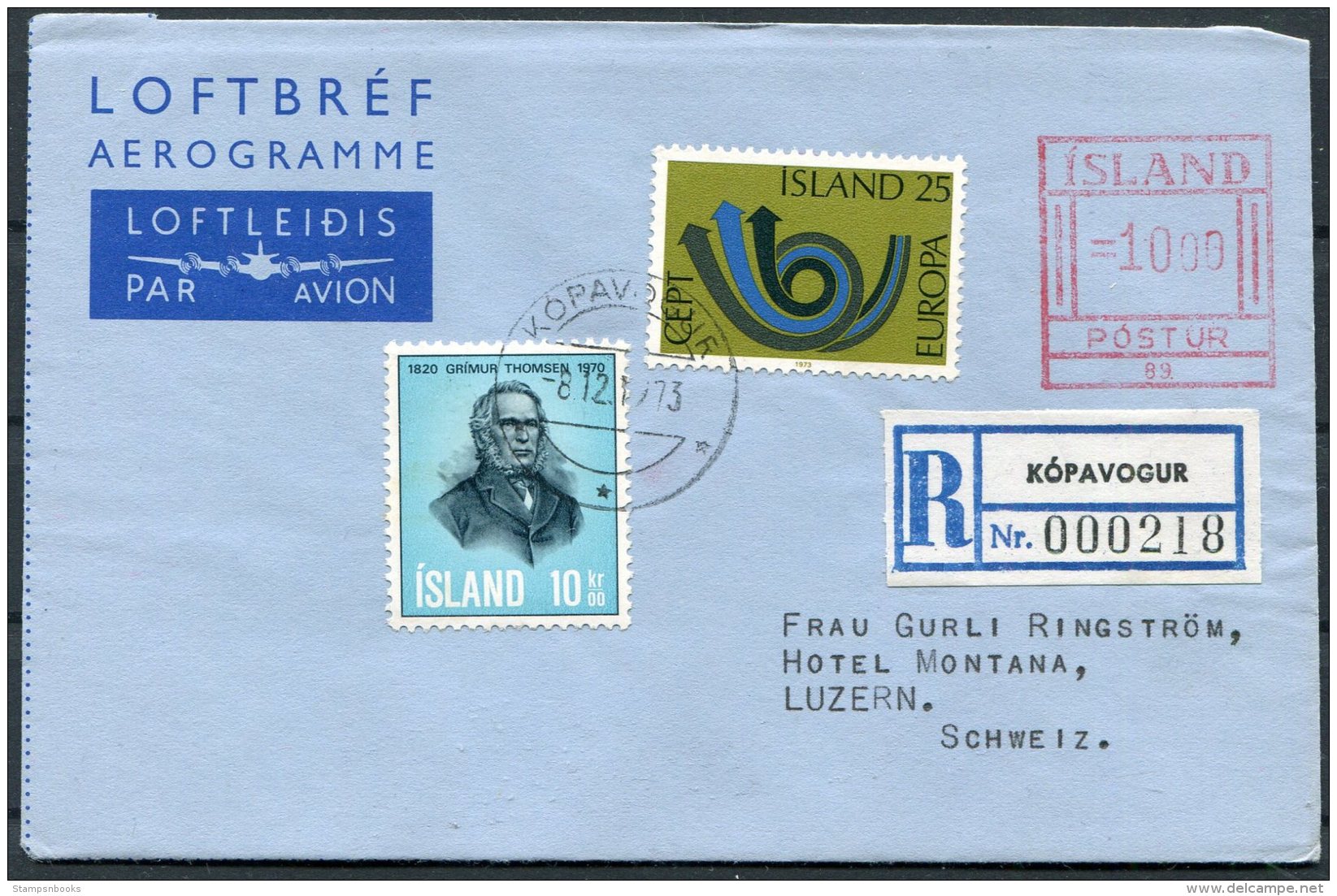 1973 Iceland Aerogramme Postur Registered Kopavogur - Hotel Montana, Luzern, Switzerland Europa - Cartas & Documentos