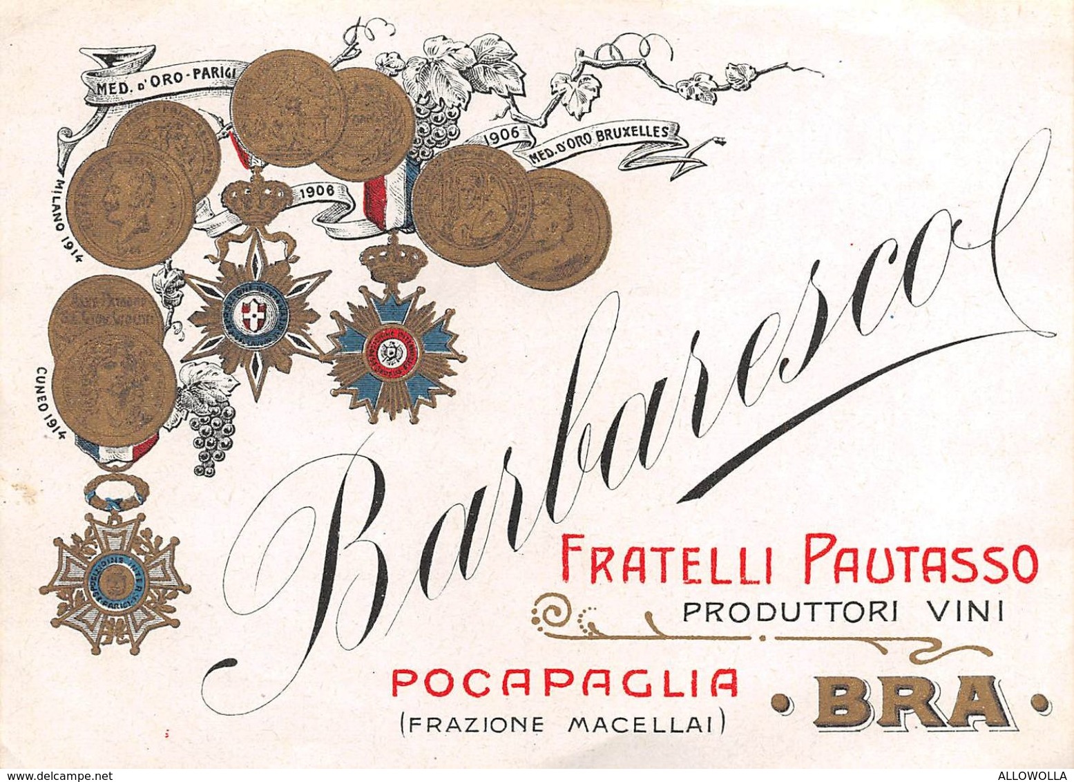 564 -"BARBARESCO FRATELLI PAUTASSO POCAPAGLIA-BRA " ETICHETTA ORIGINALE - Vino Rosso