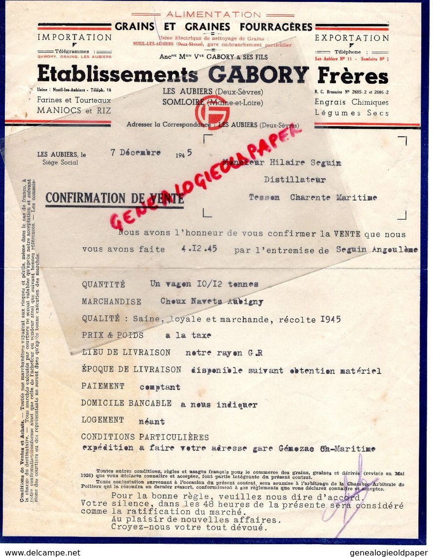 79- LES AUBIERS-49- SOMLOIRE- RARE LETTRE ETS. GABORY FRERES-GRAINS GRAINES FOURRAGERES-HORTICULTURE AGRICULTURE-1945 - Landwirtschaft