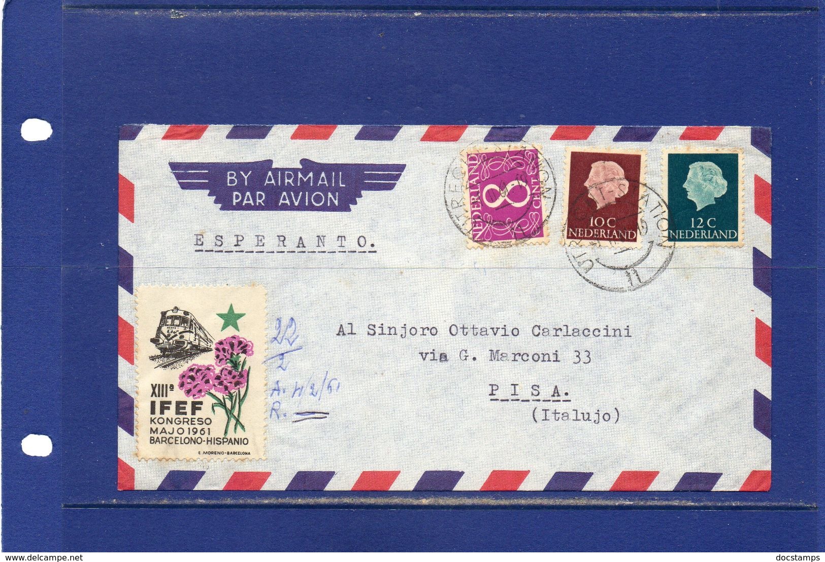 ##(DAN183) ESPERANTO-Nederland-1961-Esperanto Cover From Utrecht To Pisa (Italy) With Esperanto Labels - Esperanto