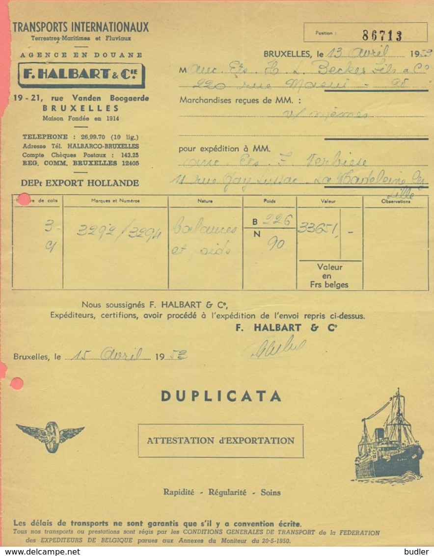 1953: Bon D' ## Ag. En Douane F. HALBART&Cie, Rue Vanden Boogaerde, 19-21, BR. ##  Aux ## Ets.BECKER, Rue Masui, 220,... - Trasporti