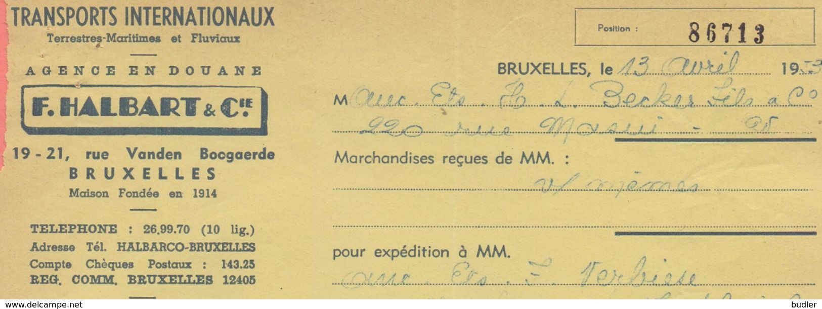 1953: Bon D' ## Ag. En Douane F. HALBART&Cie, Rue Vanden Boogaerde, 19-21, BR. ##  Aux ## Ets.BECKER, Rue Masui, 220,... - Transportmiddelen