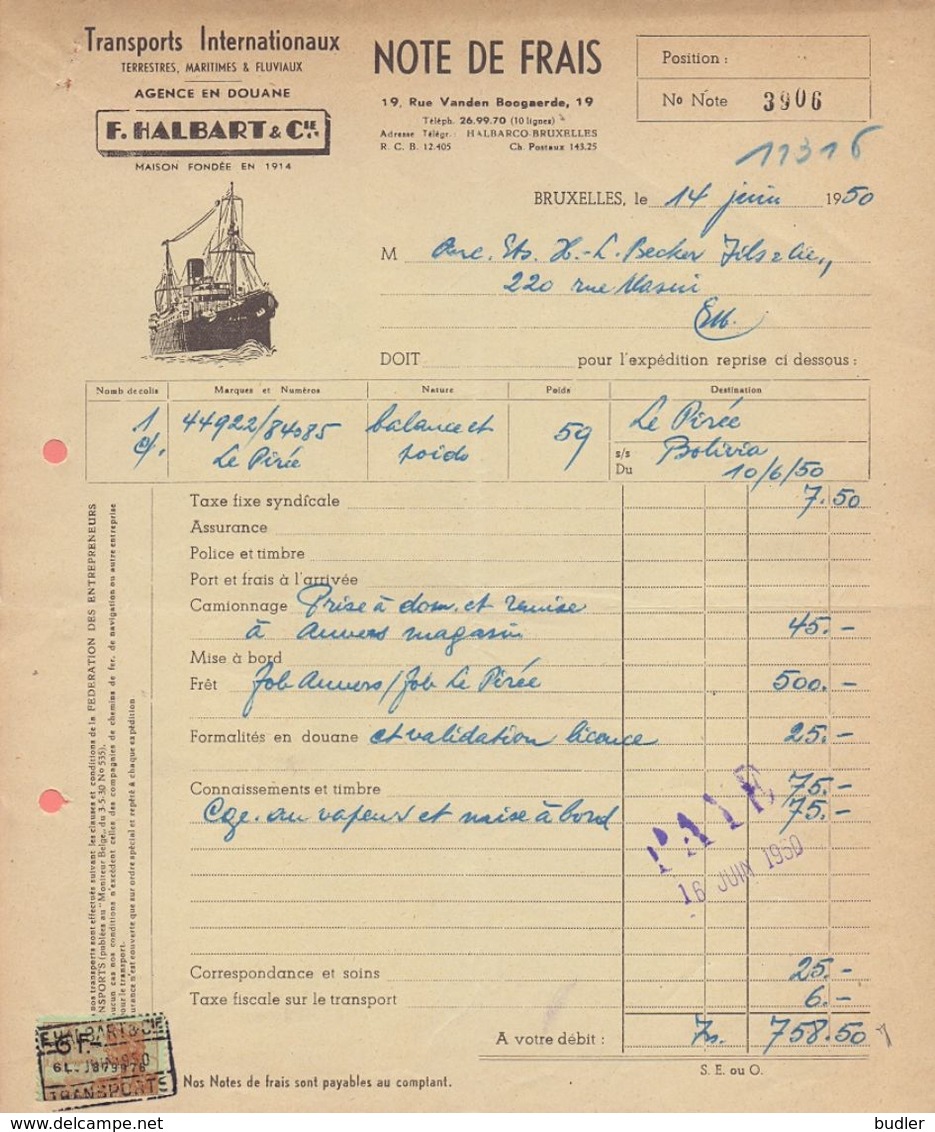 1950:Facture D'## Ag. En Douane F. HALBART&Cie, Rue Vanden Boogaerde,19, BR. ## Aux ## Ets.BECKER, Rue Masui, 220, BR.## - Transports