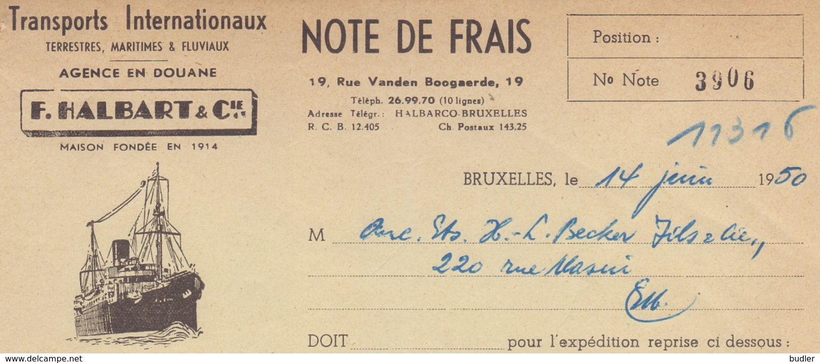 1950:Facture D'## Ag. En Douane F. HALBART&Cie, Rue Vanden Boogaerde,19, BR. ## Aux ## Ets.BECKER, Rue Masui, 220, BR.## - Transporte