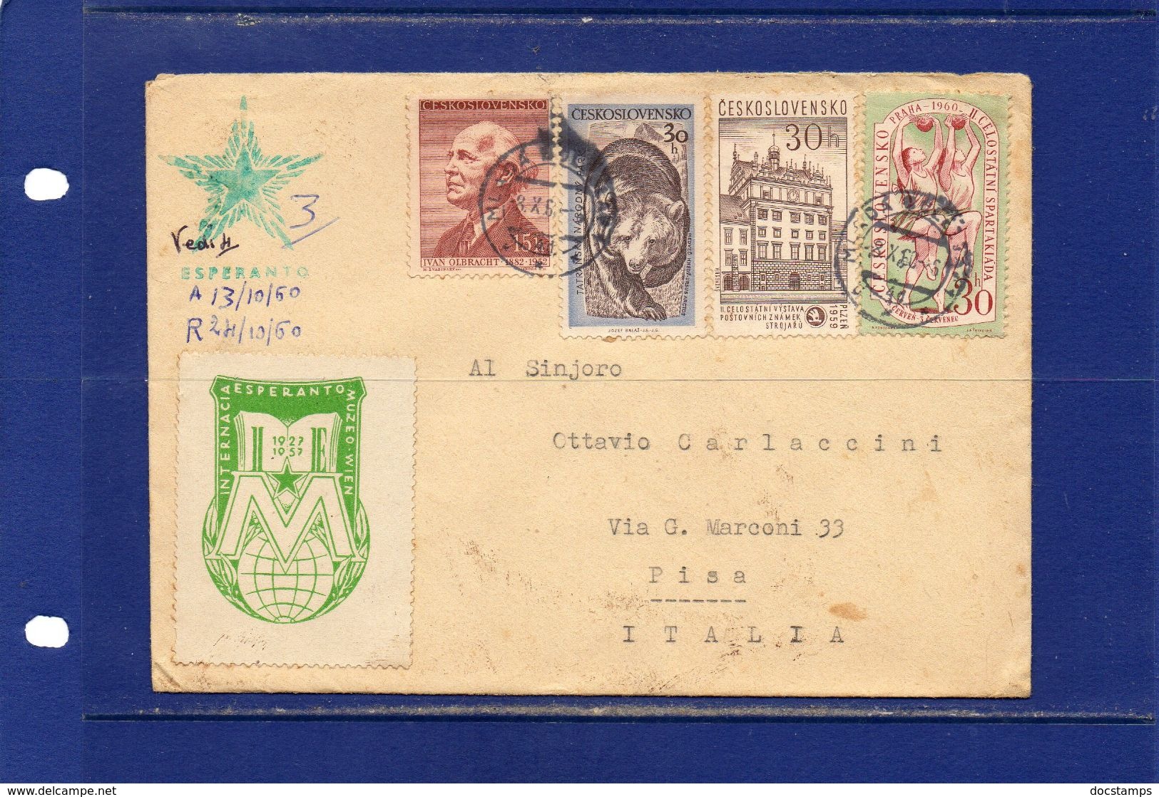 ##(DAN183) ESPERANTO-Czechoslovakia -1960-Esperanto  Cover From Mlada Boleslav  To Pisa (Italy) - Esperanto