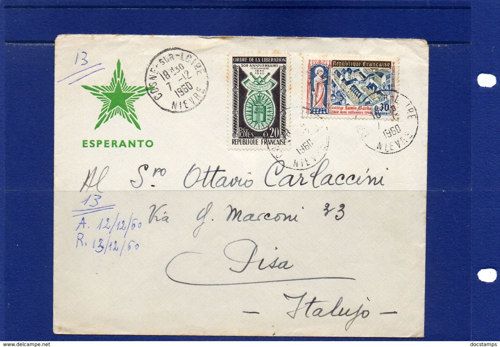 ##(DAN183) ESPERANTO-France -1960-Esperanto Cover From  Cosne-sur-Loire  To Pisa (Italy) - Esperanto