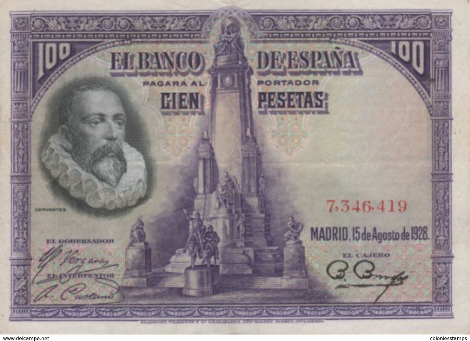 (B0053) SPAIN, 1928. 100 Pesetas. P-76a. VF - 100 Pesetas