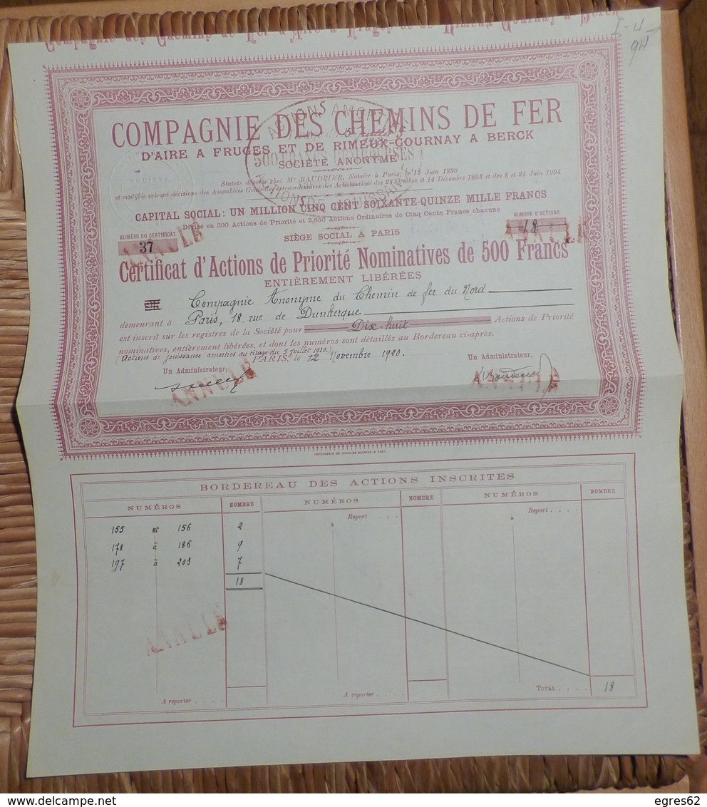 Compagnie  Des Chemins De Fer D' Aire à Fruges Et De Rimeux  Gournay à Berck Voir Signature Administrateur L . Boudenoot - Fruges