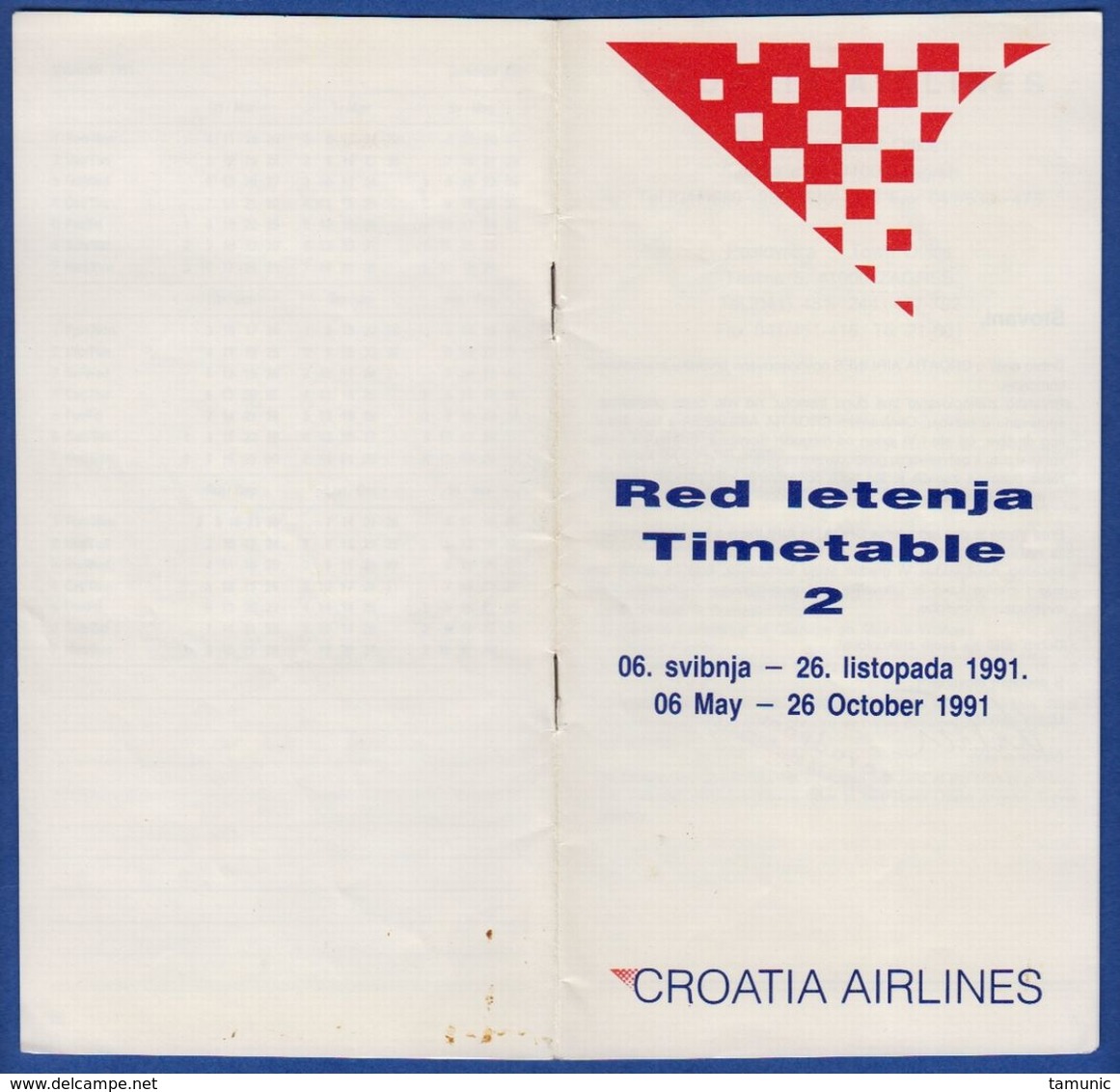 CROATIA AIRLINES TIMETABLE 2 RED LETENJA 1991 AIRPORT SPLIT - Timetables