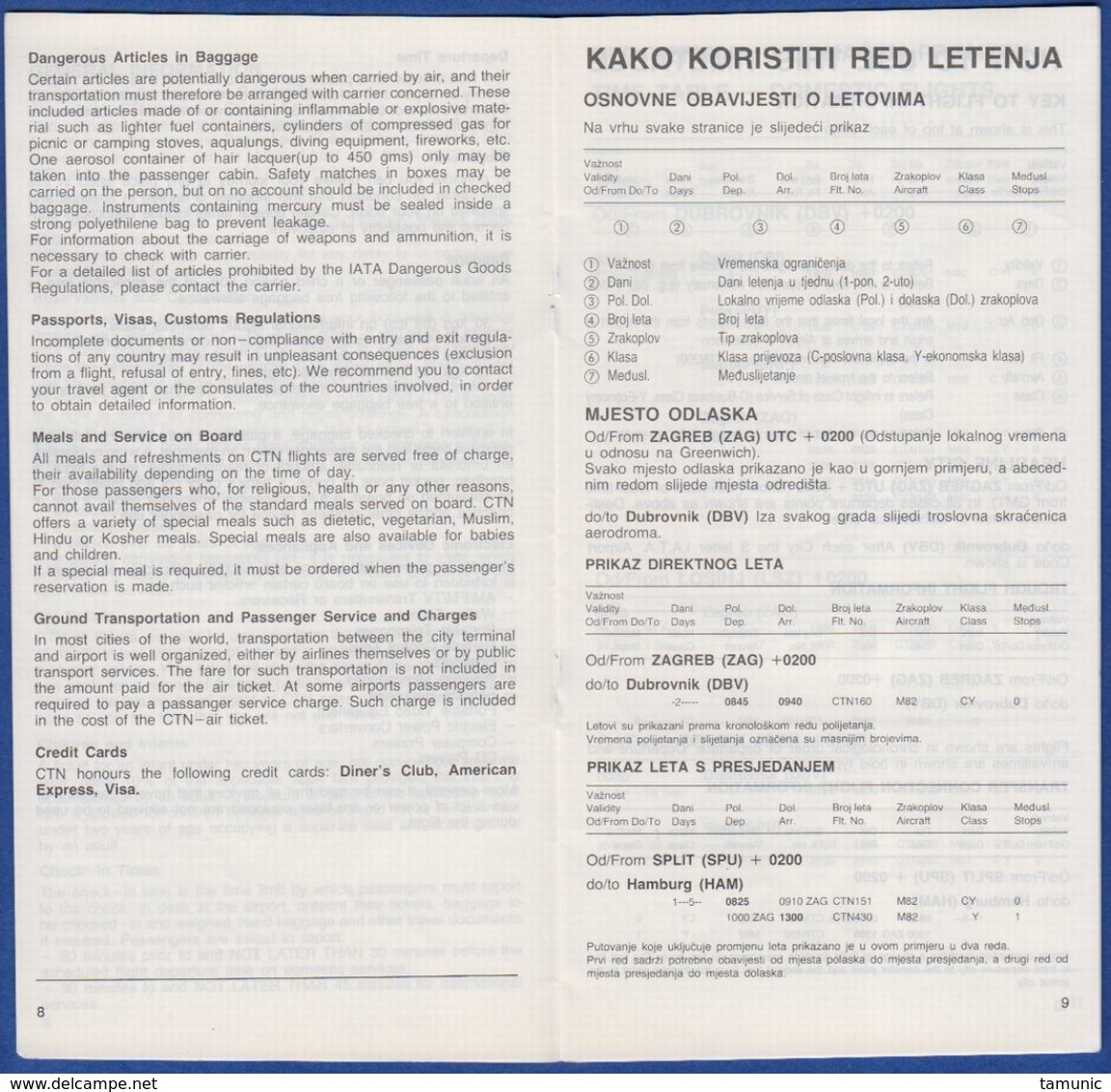 CROATIA AIRLINES TIMETABLE 2 RED LETENJA 1991 AIRPORT SPLIT