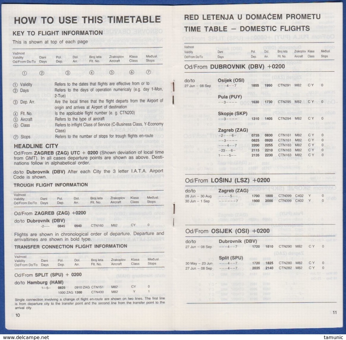 CROATIA AIRLINES TIMETABLE 2 RED LETENJA 1991 AIRPORT SPLIT