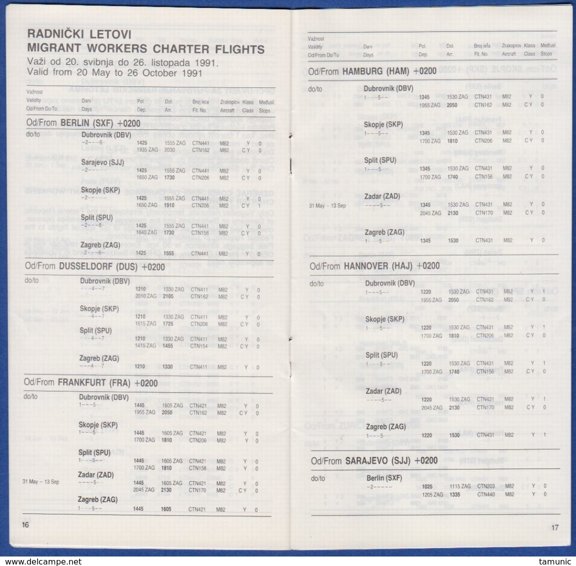 CROATIA AIRLINES TIMETABLE 2 RED LETENJA 1991 AIRPORT SPLIT