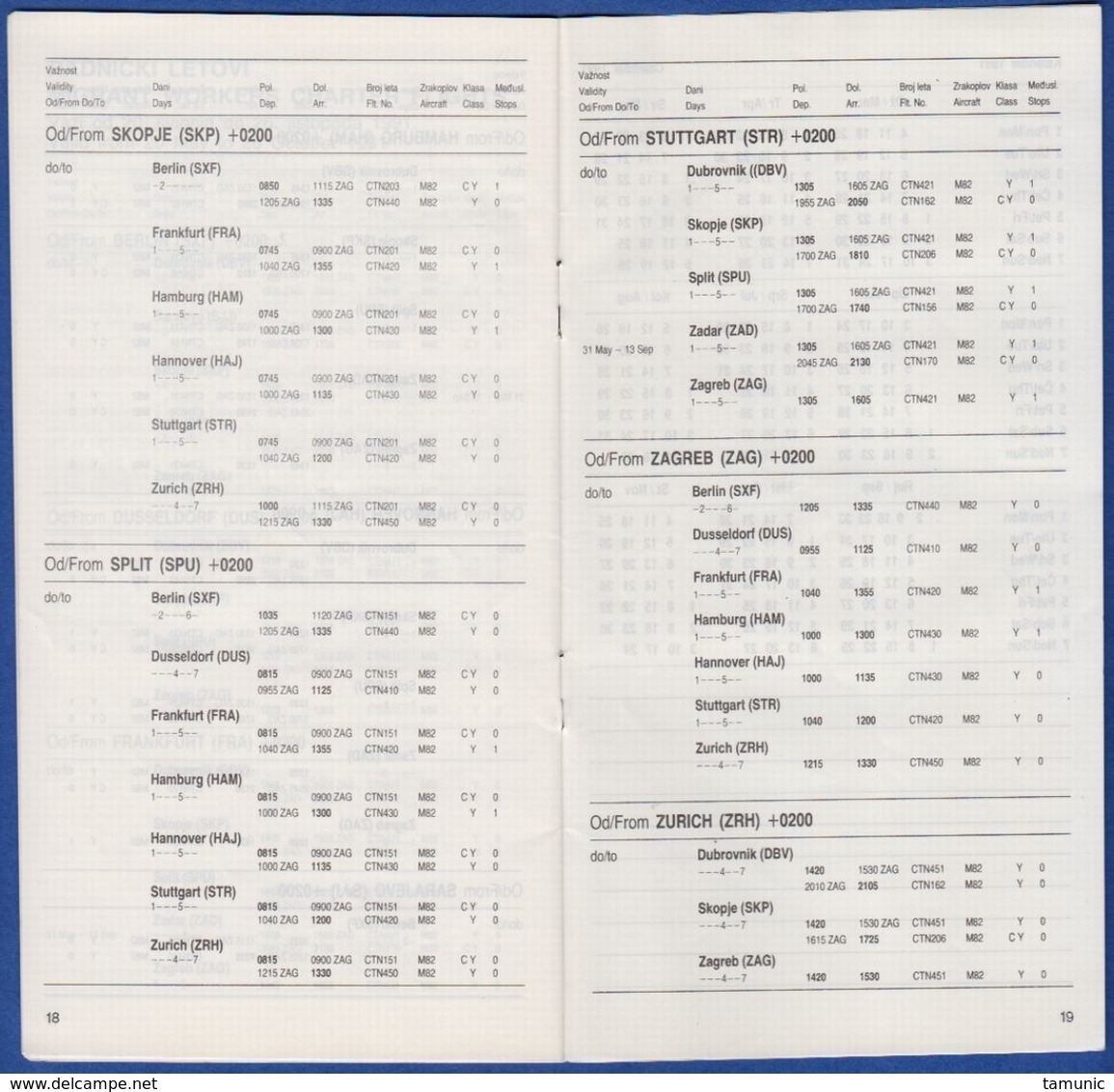 CROATIA AIRLINES TIMETABLE 2 RED LETENJA 1991 AIRPORT SPLIT