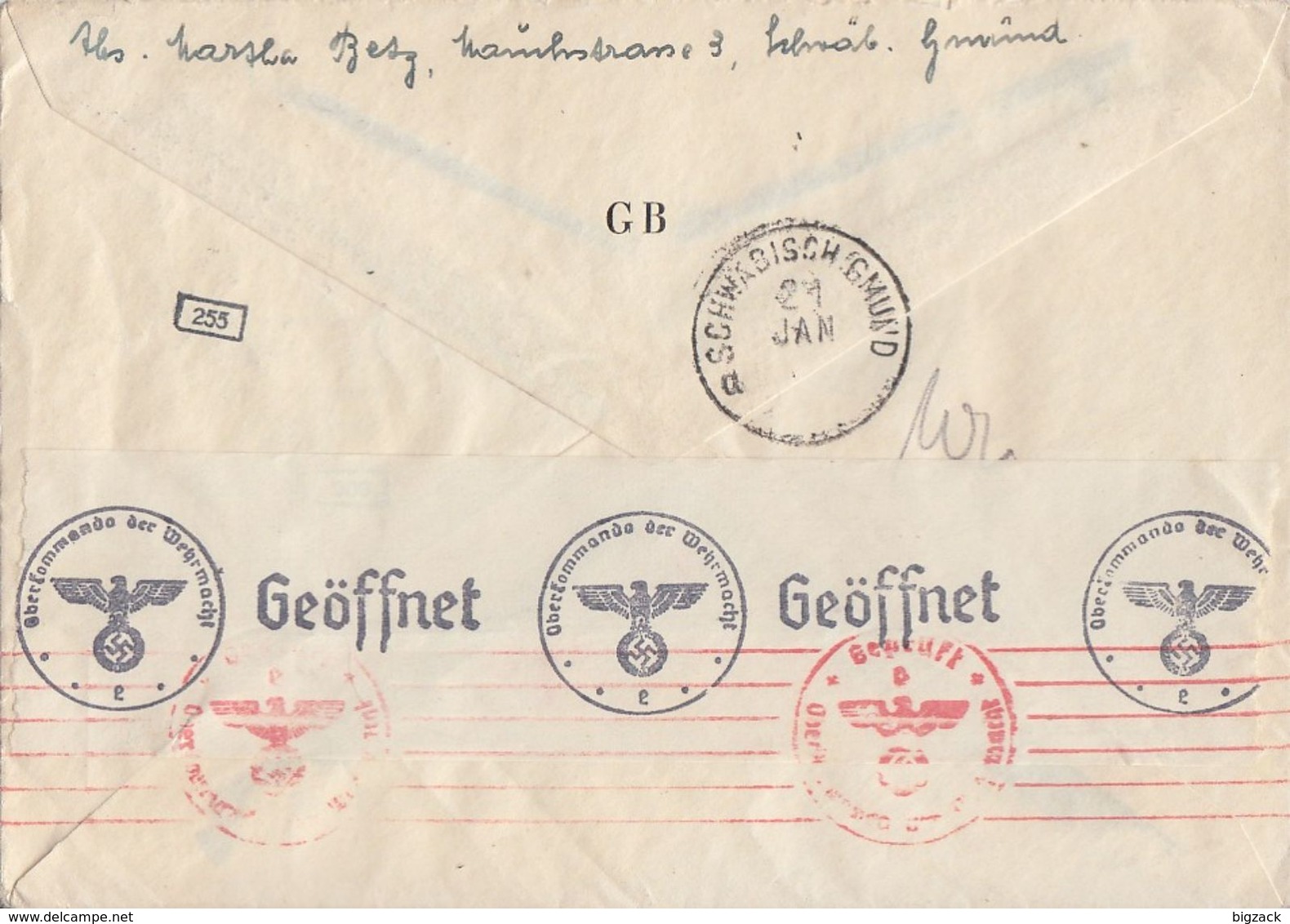 DR Brief Mif Minr.512,785,2x 810,811 Schwäbisch Gmünd 21.1.42 Gel. In Schweiz Zensur - Briefe U. Dokumente