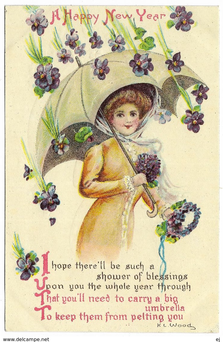 A Happy New Year By K L Wood Pretty Girl Umbrella Violets Embossed C1918 - New Year