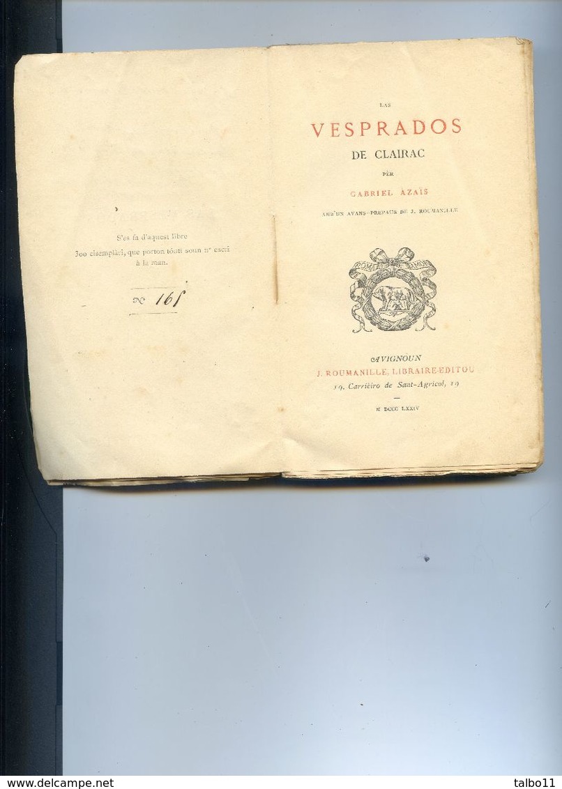 Las Vesprados De Clairac - Gabriel Azaîs (Felibre  De Beziers) - 1874 - Avant Propos De Roumanille - N° 165/300 - 1801-1900