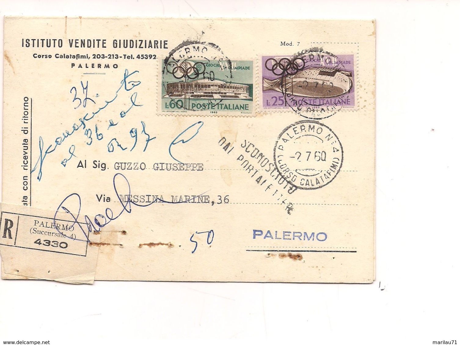 7691 1960 Olimpiadi £60+25 Raccomandata Cover Storia Postale - 1961-70: Marcophilie