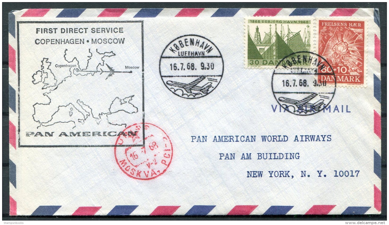 1968 Denmak / Russia / USSR Pan American First Flight Cover. Copenhagen - Moscow - Airmail