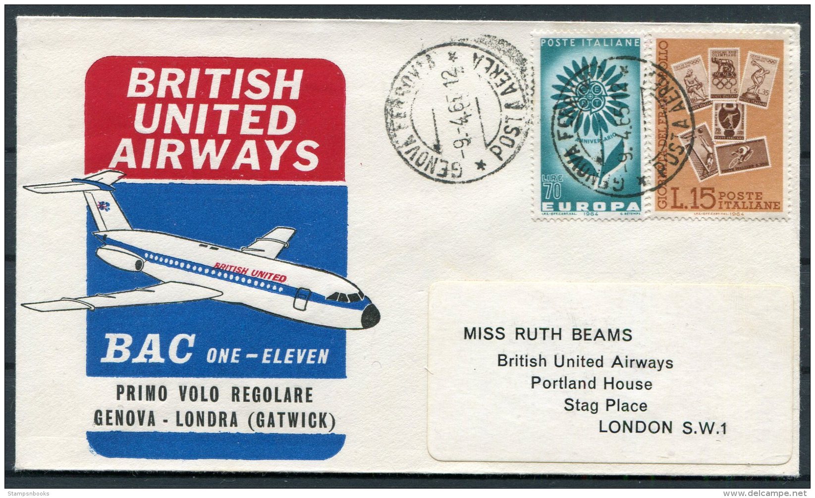 1965 Italy / GB. British United Airways, First Flight Cover Genova - London Gatwick. Europa Olympics - 1961-70: Marcophilia