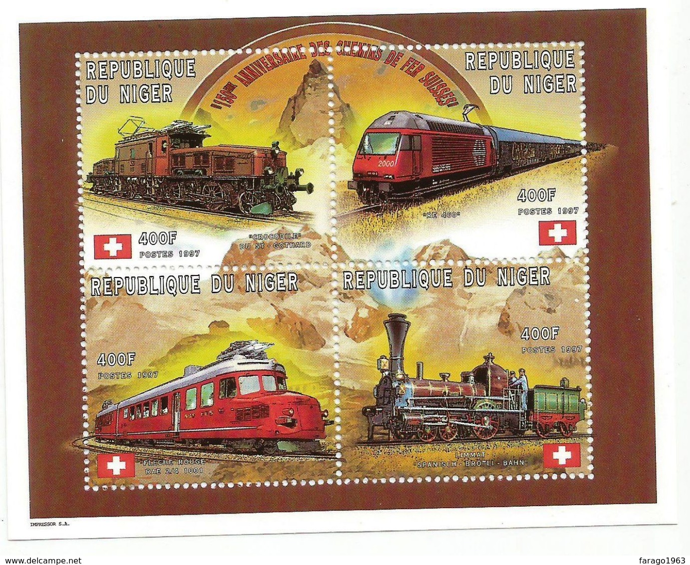 1997 Niger Anniversary Of Swiss Suisse Trains Railways 2 Souvenir Sheets - Niger (1960-...)