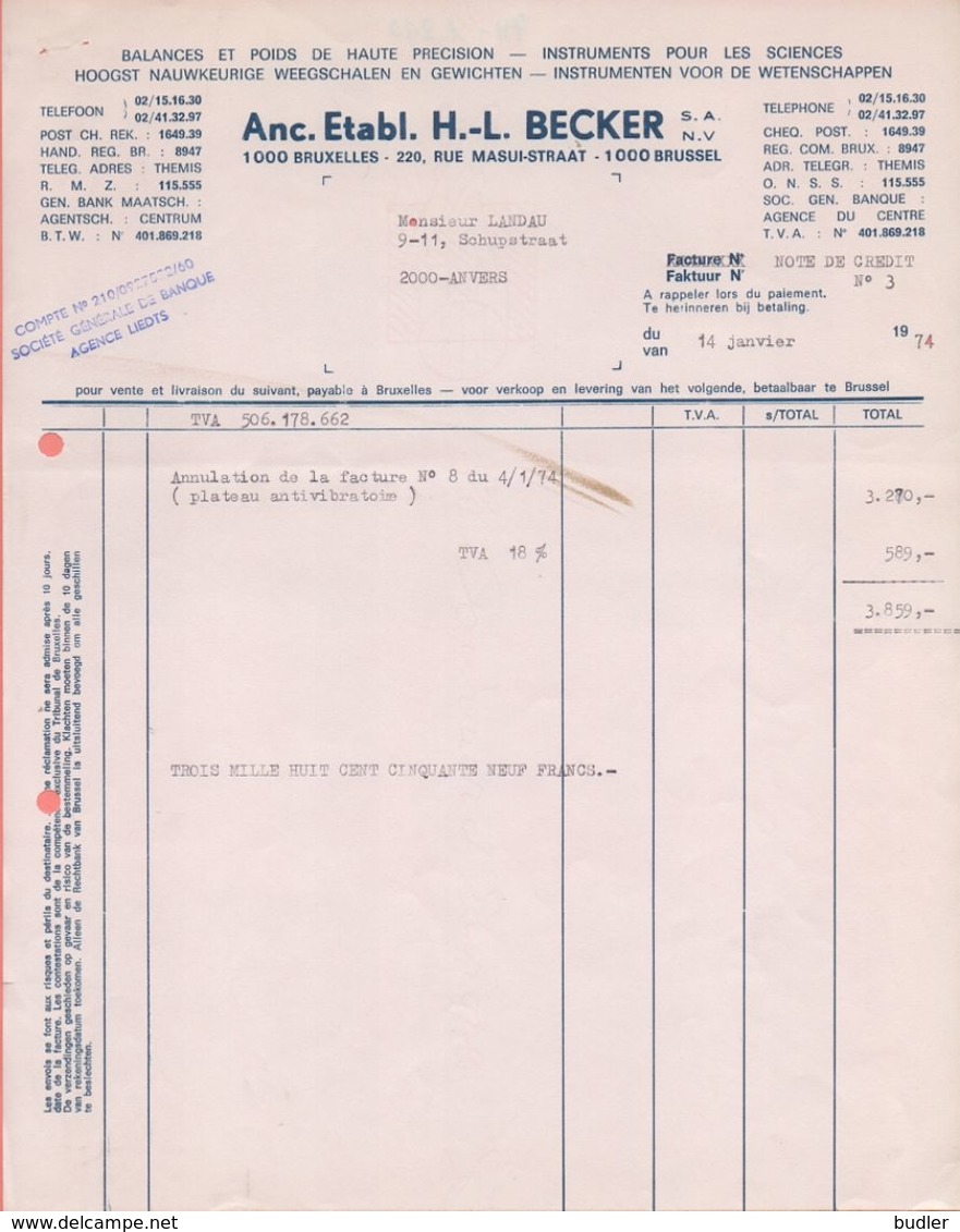 1974: Facture D' ## Anc. Etabl.H.-L. BECKER S.A./N.V., Rue Masuistraat, 220, BR. ##  à ## Mr. LANDAU, Schupstraat, ... - Transports