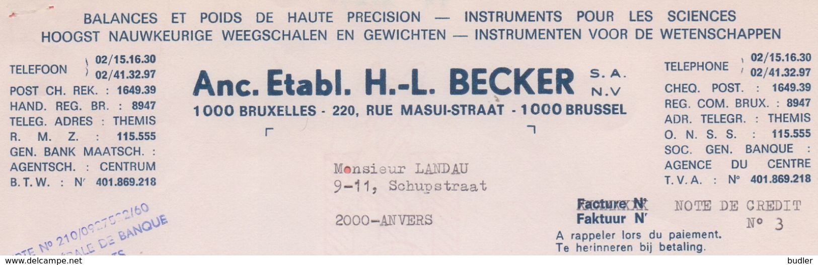 1974: Facture D' ## Anc. Etabl.H.-L. BECKER S.A./N.V., Rue Masuistraat, 220, BR. ##  à ## Mr. LANDAU, Schupstraat, ... - Transports