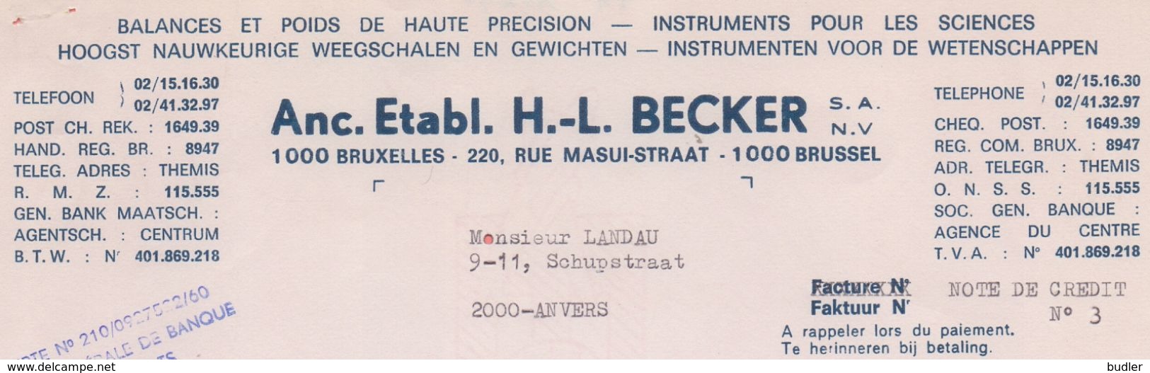 1974: Facture D' ## Anc. Etabl.H.-L. BECKER S.A./N.V., Rue Masuistraat, 220, BR. ##  à ## Mr. LANDAU, Schupstraat, ... - Transportmiddelen