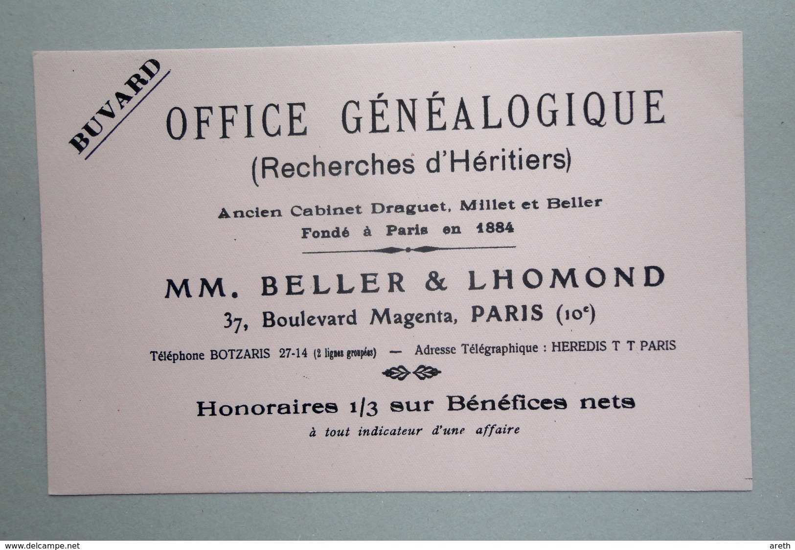 Buvard OFFICE GENEALOGIQUE ( Recherche D'Heritiers)  BELLER & LHOMOND  PARIS - G