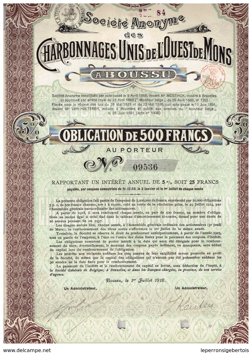 Obligation Ancienne - Sté Anonyme Des Charbonnages Unis De L'Ouest De Mons - Titre De 1916 N°09536 - Mines