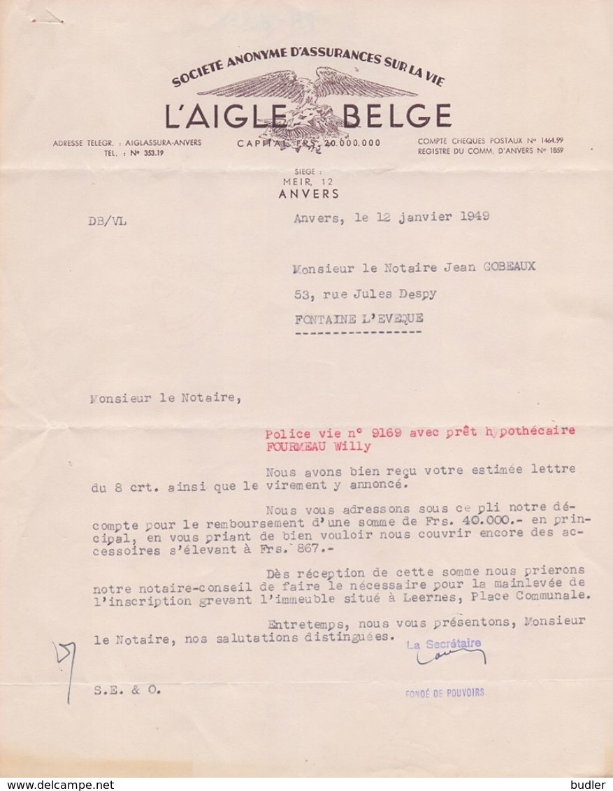 1947: Lettre De ## L'AIGLE BELGE, Meir, 12, ANVERS ##  Au ## Notaire GOBEAUX à FONTAINE-l'ÉVÊQUE ## - Bank & Insurance