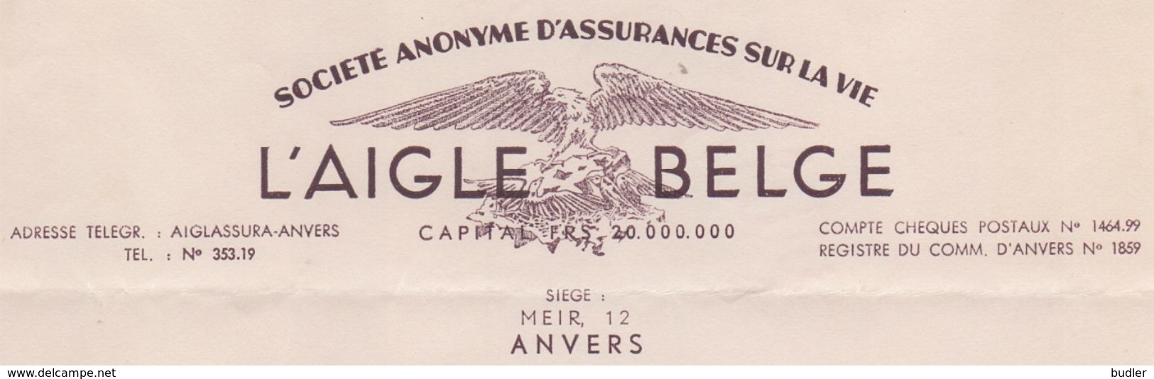 1947: Lettre De ## L'AIGLE BELGE, Meir, 12, ANVERS ##  Au ## Notaire GOBEAUX à FONTAINE-l'ÉVÊQUE ## - Banca & Assicurazione